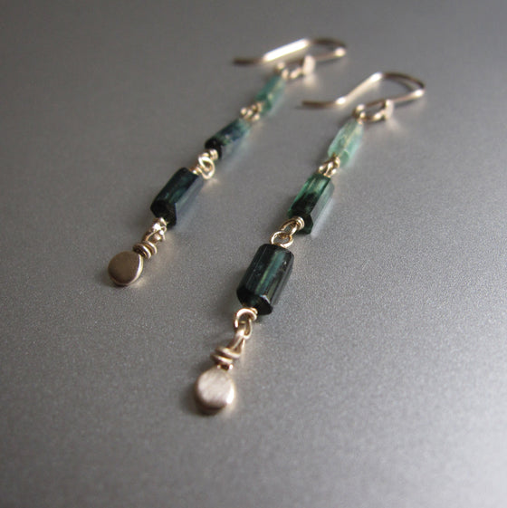 indicolite green tourmaline long crystal solid 14k gold earrings