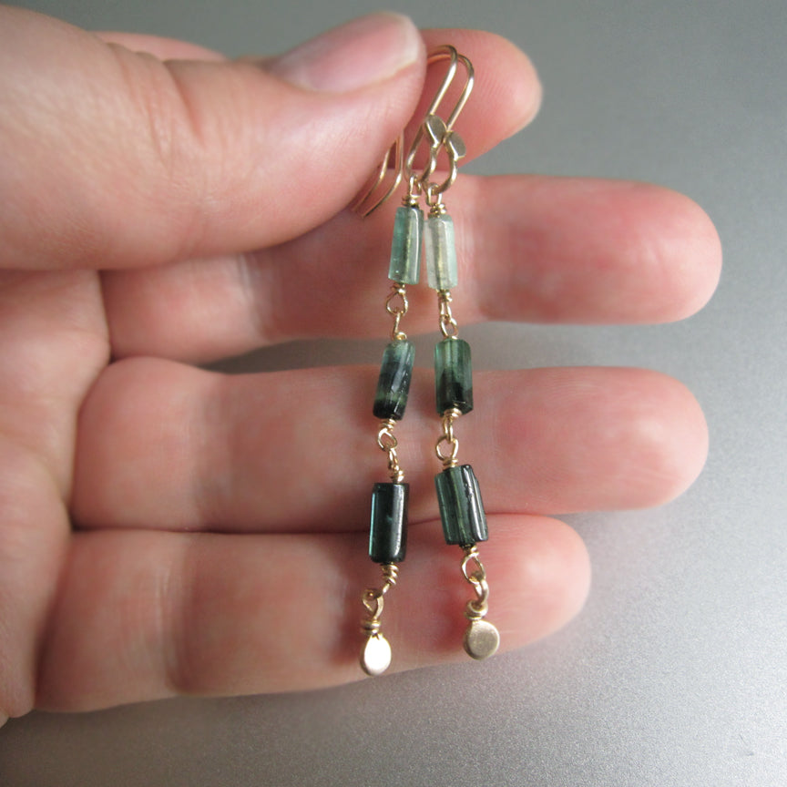 indicolite green tourmaline long crystal solid 14k gold earrings4