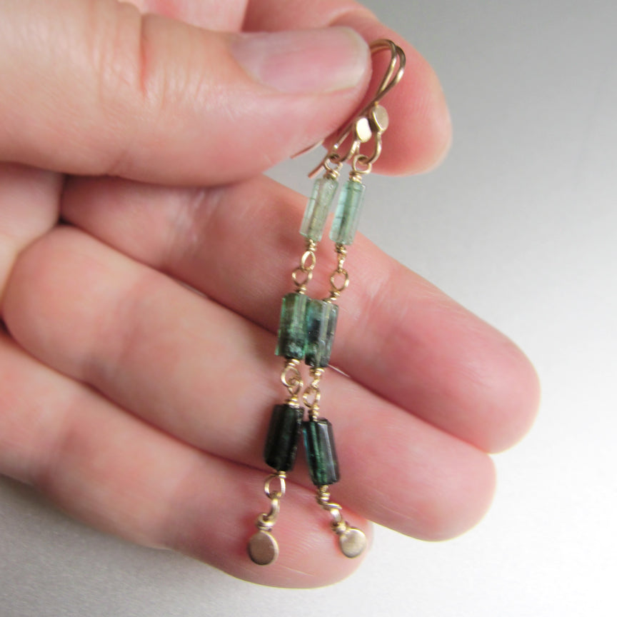 indicolite green tourmaline long crystal solid 14k gold earrings7