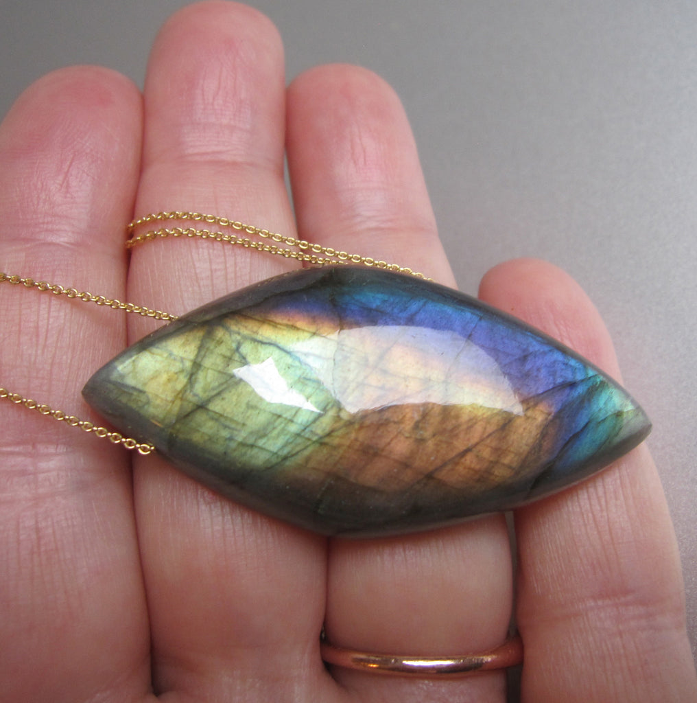 large rainbow labradorite pointed drop pendant solid 14k gold necklace3