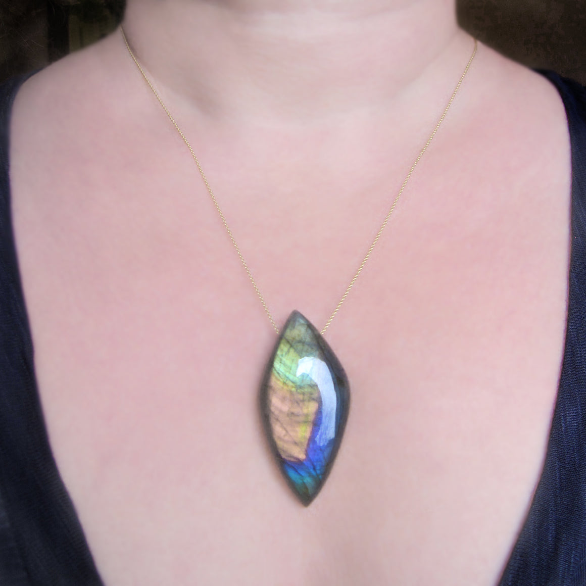 large rainbow labradorite pointed drop pendant solid 14k gold necklace