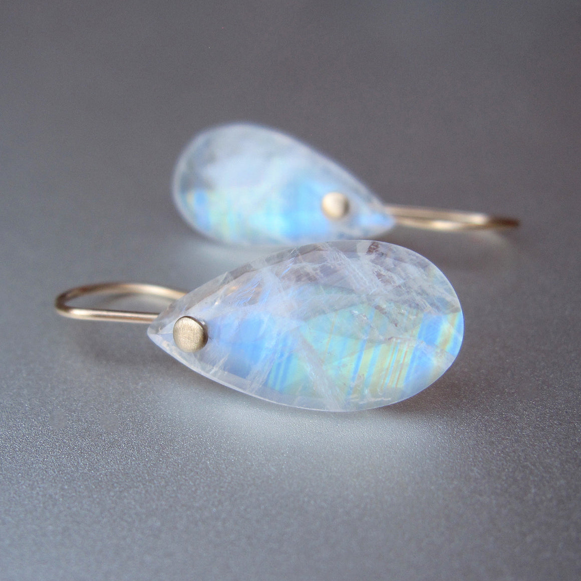 rainbow moonstone rose cut drops solid 14k gold earrings