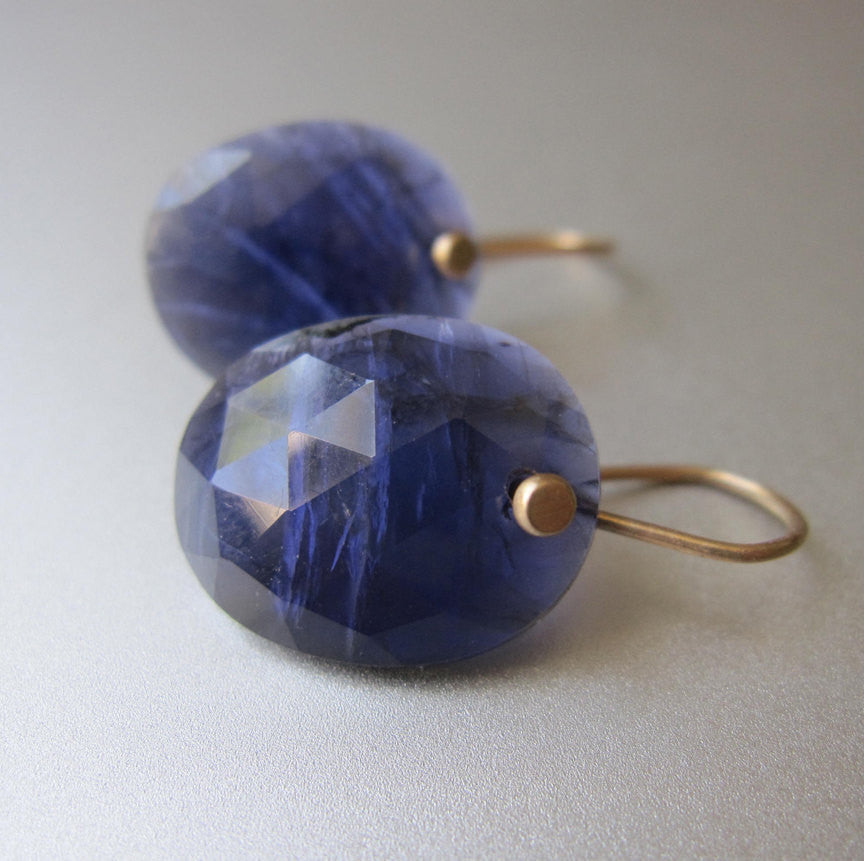 Rose Cut Iolite Oval Drops Solid 14k Gold Earrings