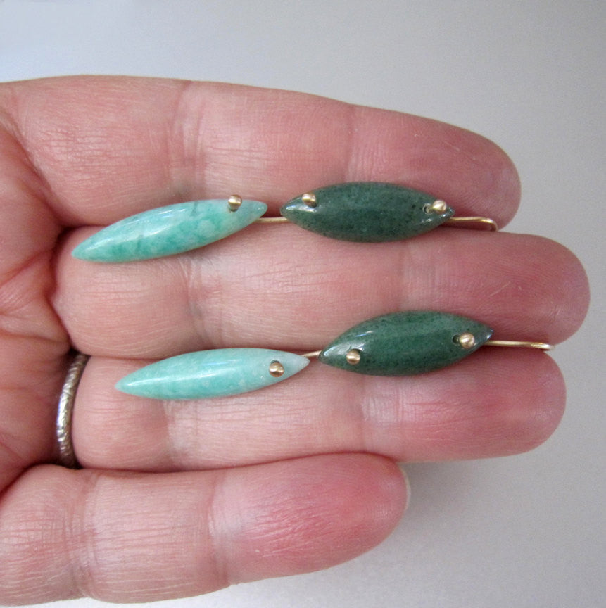 Long Aventurine and Amazonite Double Drop Marquise Solid 14k Gold Earrings