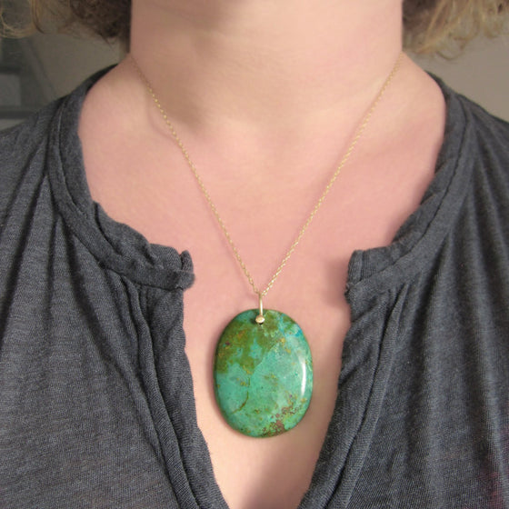 Large Green Turquoise Drop Solid 14k Gold Necklace