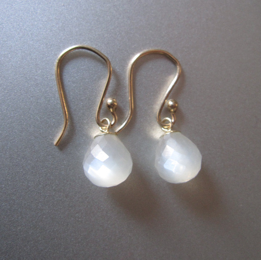 Small Fat Faceted White Moonstone Drops Solid 14k Gold Earrings
