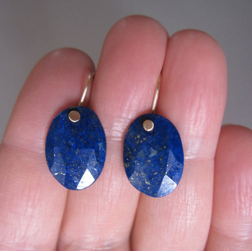 Rose Cut Lapis Lazuli Drops Solid 14k Gold Earrings