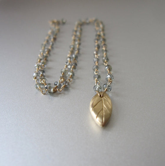 Green Sapphire Leaf Solid 14k Gold Necklace