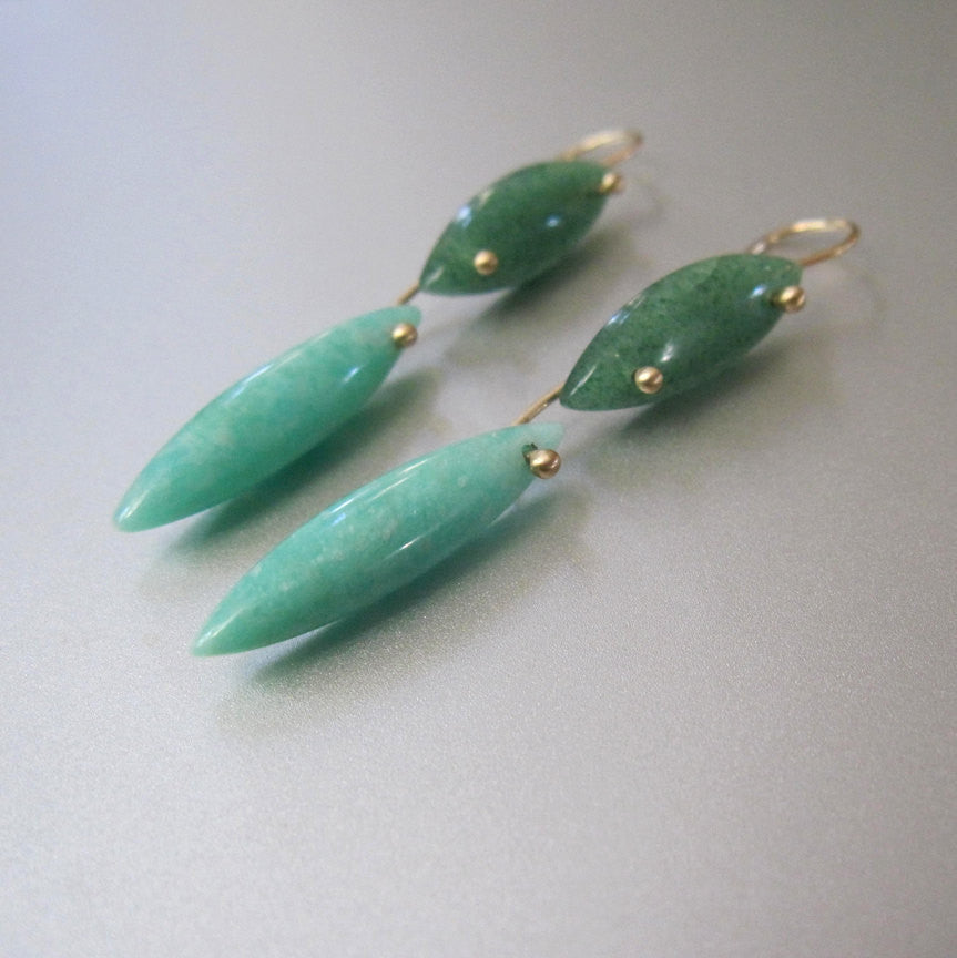 Long Aventurine and Amazonite Double Drop Marquise Solid 14k Gold Earrings