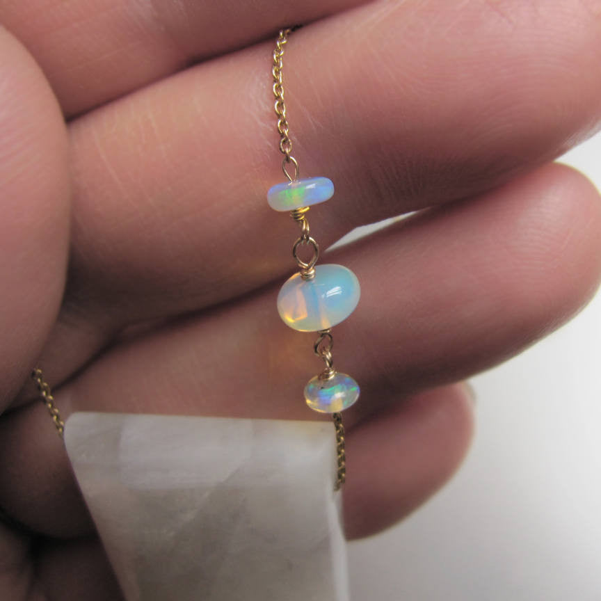 Large Rainbow Moonstone Drop Opal Solid 14k Gold Necklace