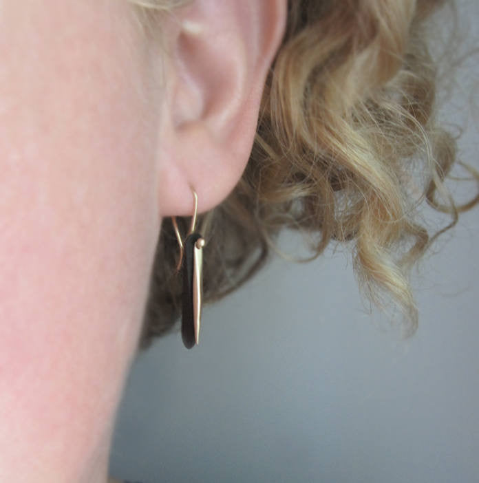 Solid 14k Gold Earrings Gold Spike and Black Ebony Wood Earrings