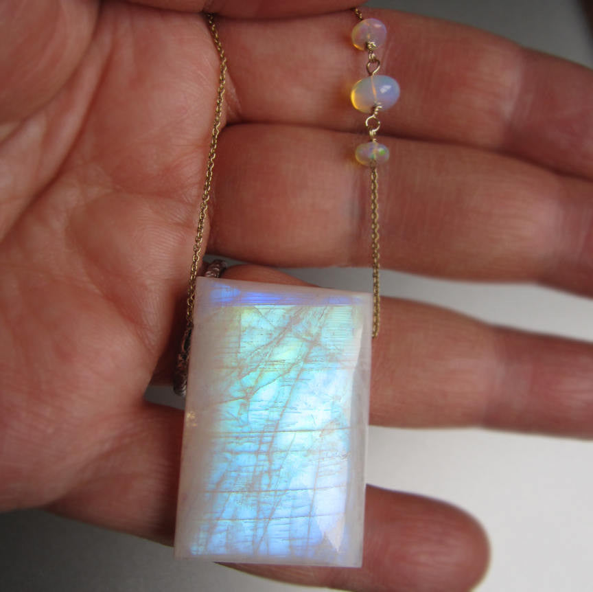 Large Rainbow Moonstone Drop Opal Solid 14k Gold Necklace