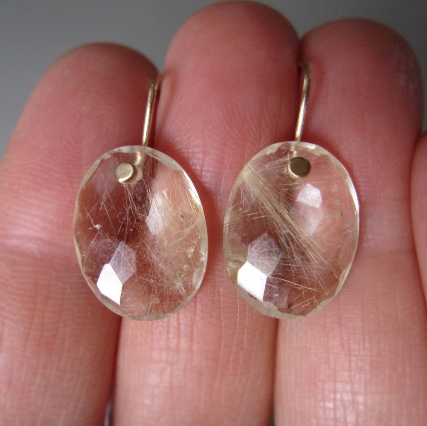 Oval Rose Cut Gold Rutilated Quartz Drops Solid 14k Gold Earrings
