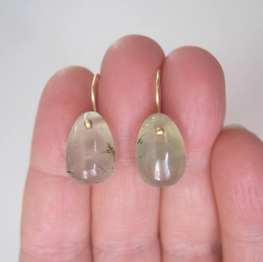Rutilated Prehnite Jelly Bean Drops Solid 18k Gold Earrings