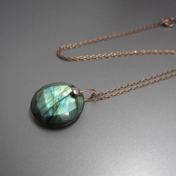 Labradorite Disc Drop Solid 14k Rose Gold Necklace