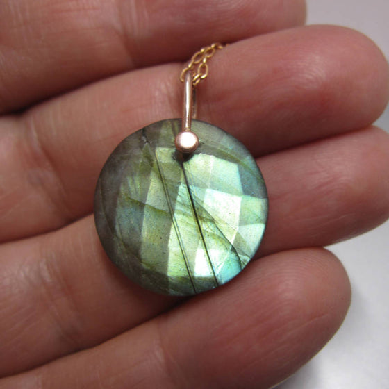 Labradorite Disc Drop Solid 14k Rose Gold Necklace