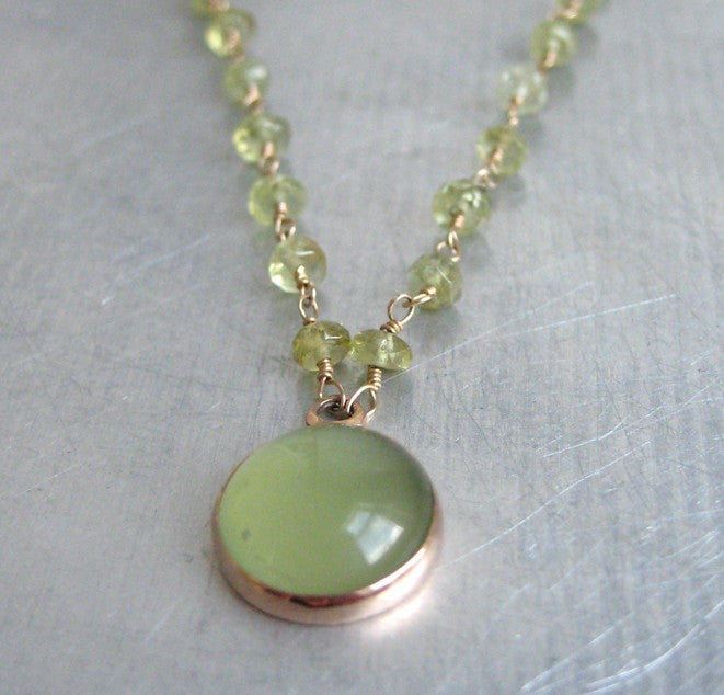 green garnet wire-wrapped bead chain with serpentine cabochon pendant. Solid 14k rose gold necklace2