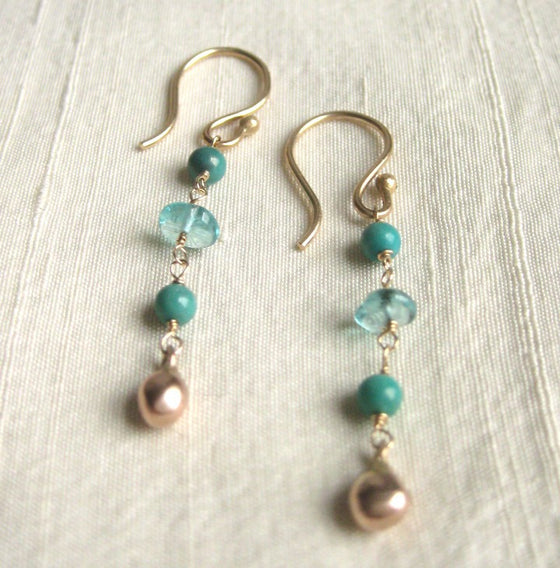 apatite and turquoise solid 14k rose gold earrings
