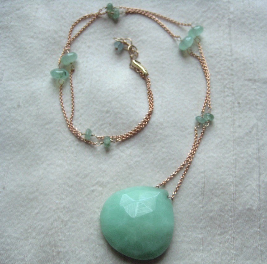 Green Chrysoprase and Emerald Solid 14k Rose Gold Necklace