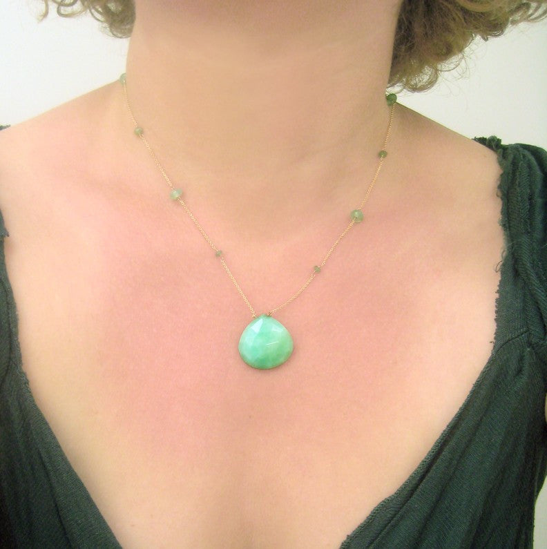 Green Chrysoprase and Emerald Solid 14k Rose Gold Necklace