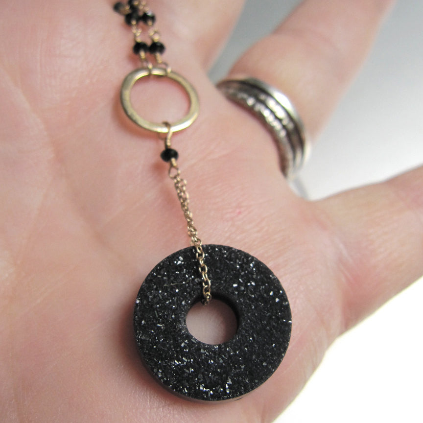 black agate drusy and spinel solid 14k gold necklace4