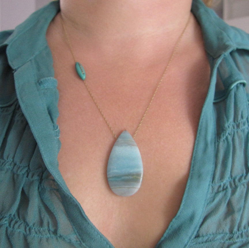 Amazonite and Turquoise Solid 14k Gold Drop Necklace