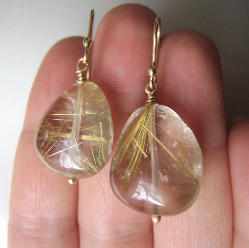 Large Gold Rutilated Pebbles Solid 14k Gold Earrings