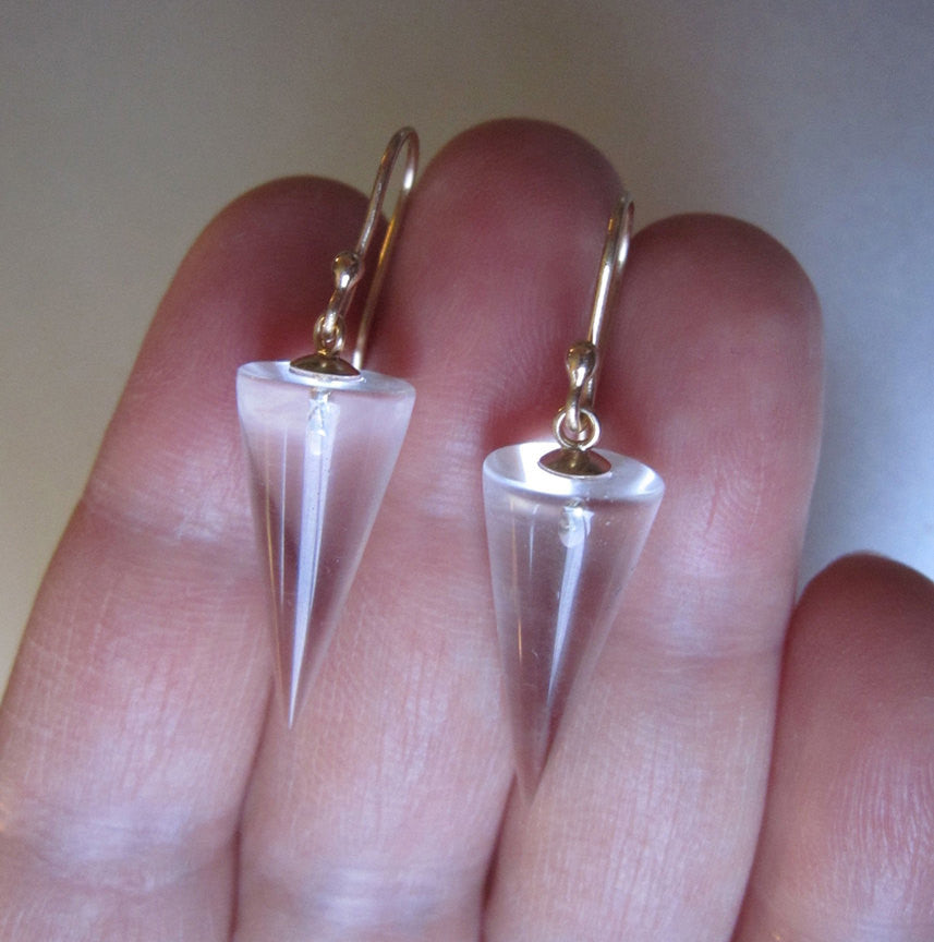 Quartz Crystal Cone Drops Solid 14k Gold Earrings