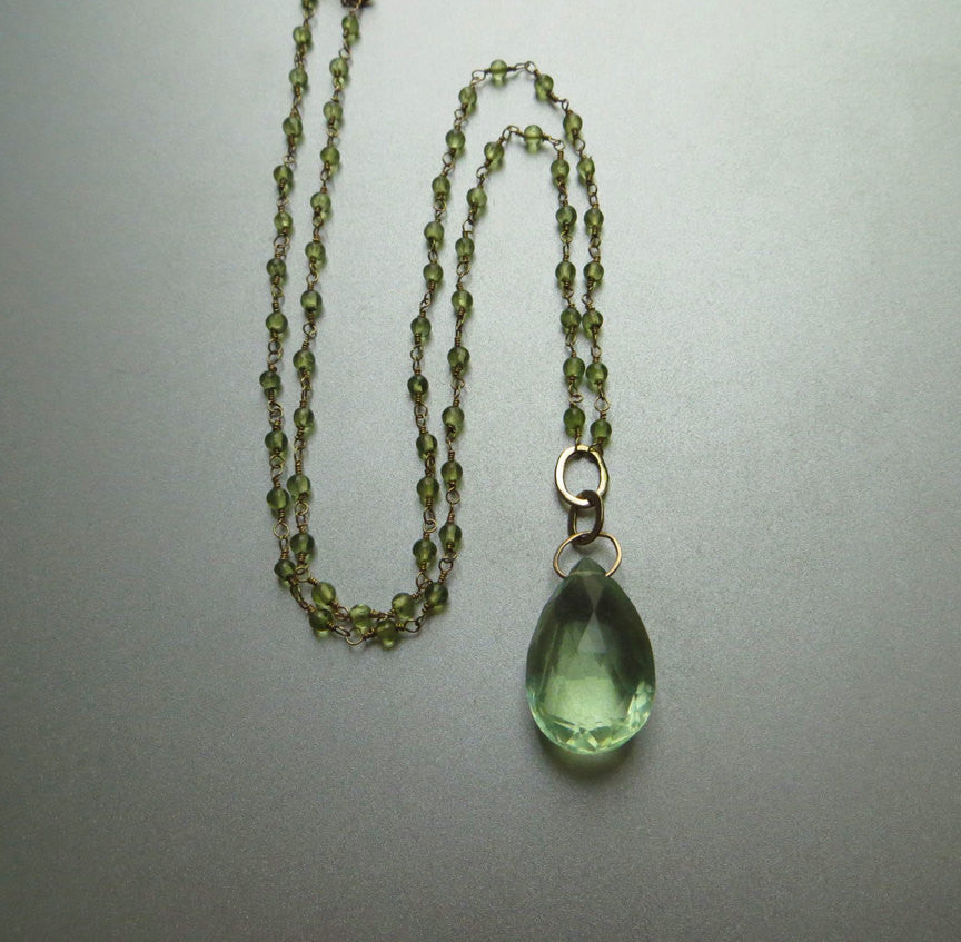Peridot and Green Beryl Solid 14k Gold Necklace