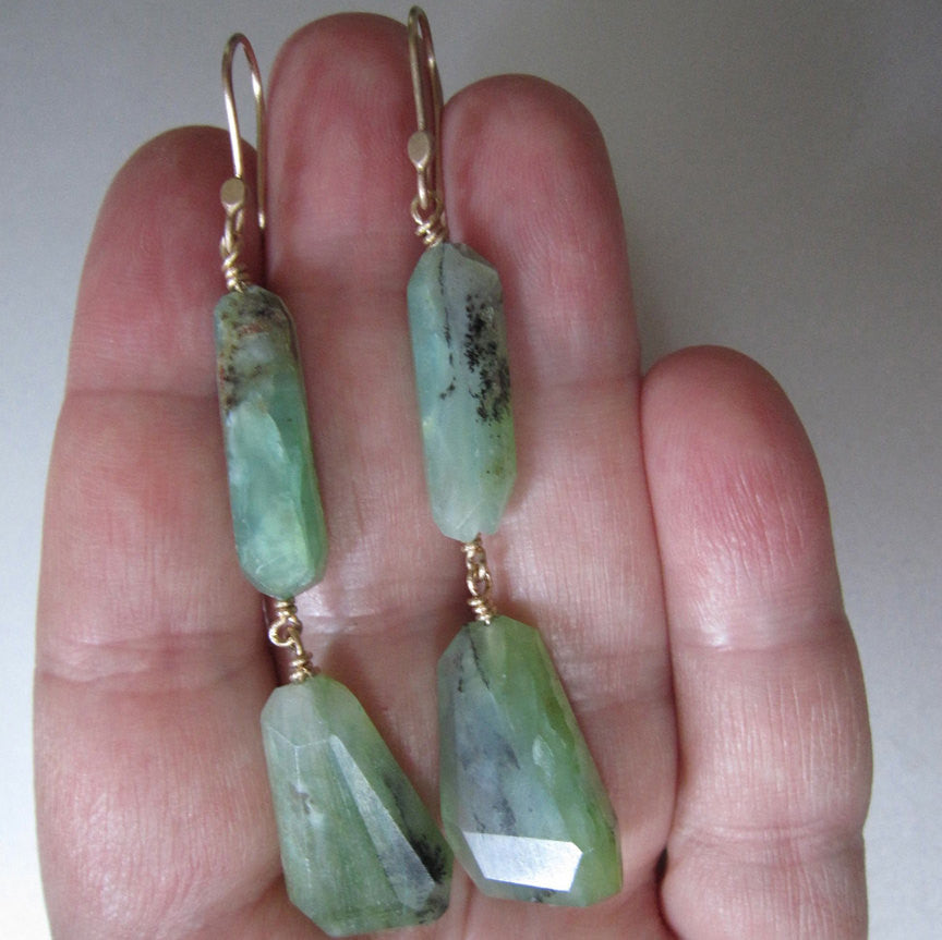 Green Dendritic Opal Double Drops Solid 14k Gold Earrings