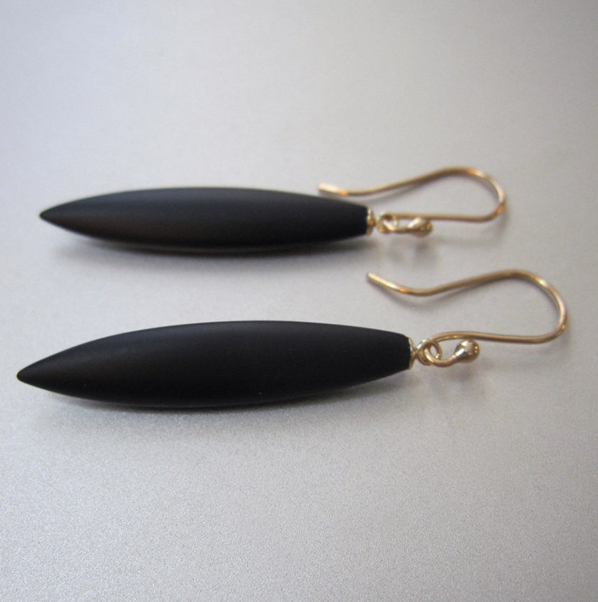 Frosted Black Onyx Spears Solid 14k Gold Earrings