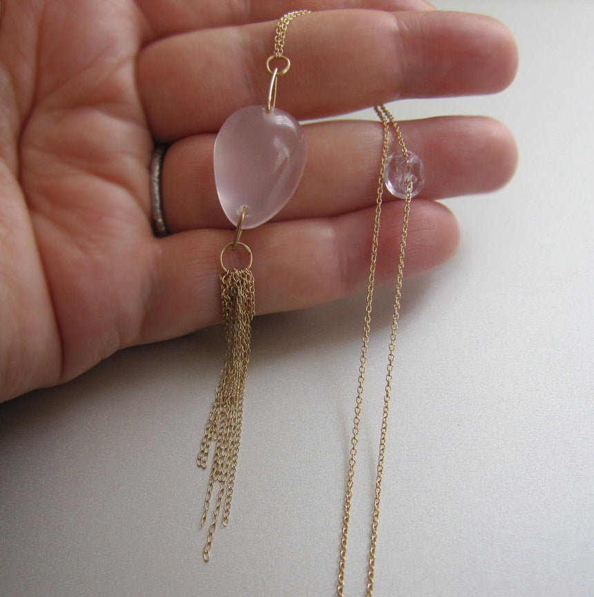 Rose Quartz and Amethyst Solid 14k Gold Tassel Necklace