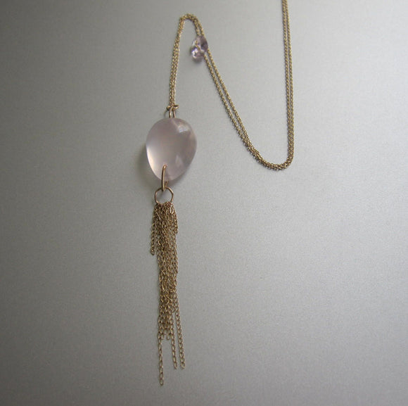 Rose Quartz and Amethyst Solid 14k Gold Tassel Necklace