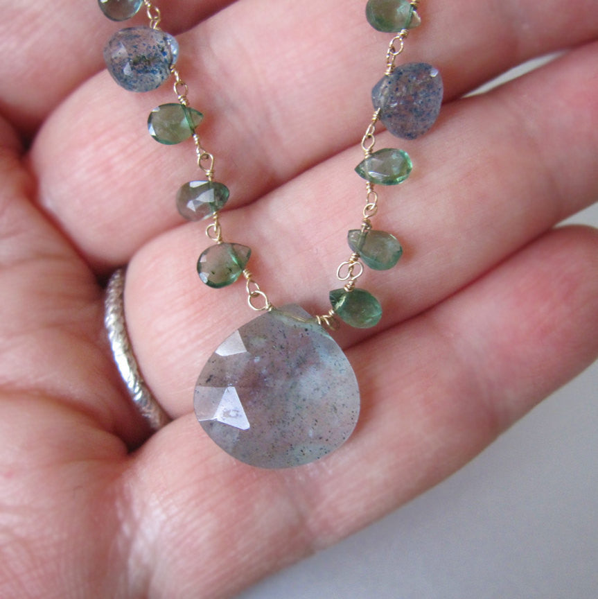 Moss Aquamarine and Green Tourmaline Solid 14k Gold Necklace