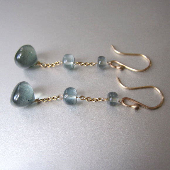 Moss Aquamarine Three Stone and Chain Solid 14k Gold Earrings