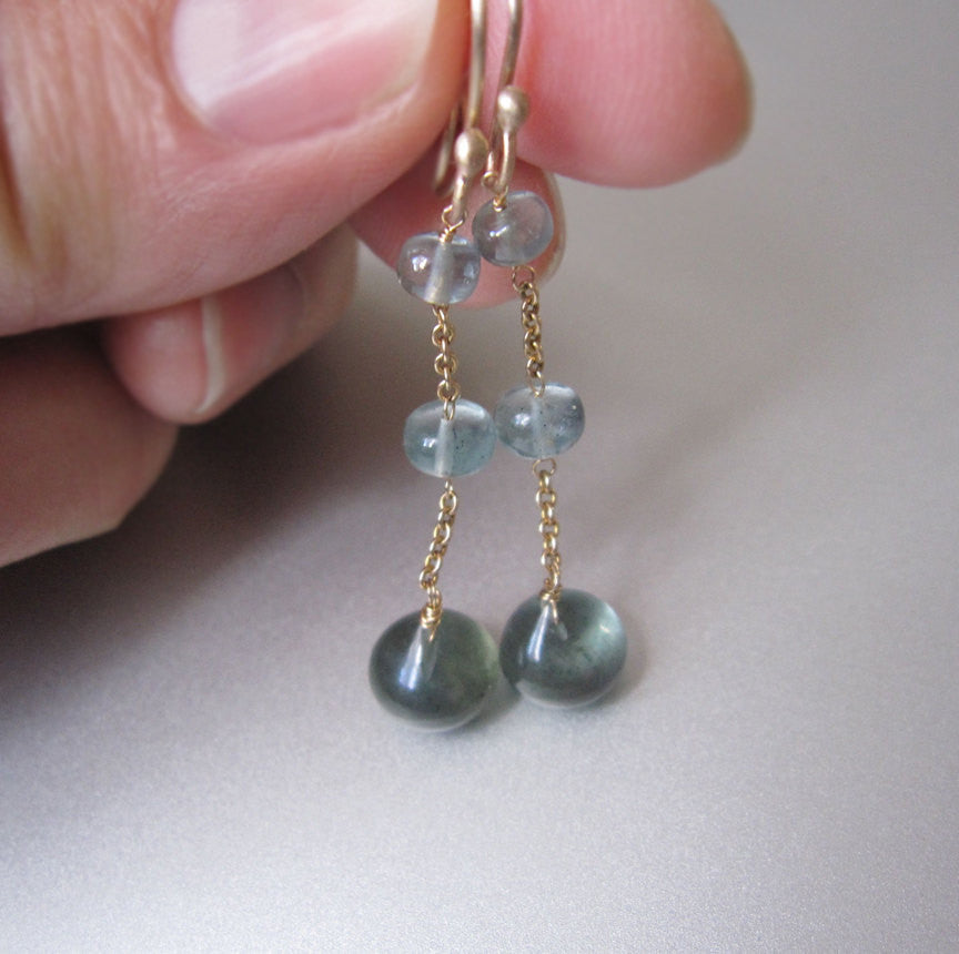 Moss Aquamarine Three Stone and Chain Solid 14k Gold Earrings