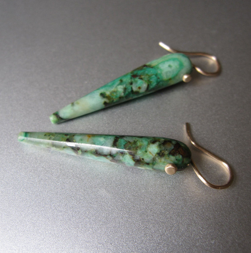 Long Inverted Chrysocolla Drops Solid 14k Gold Earrings