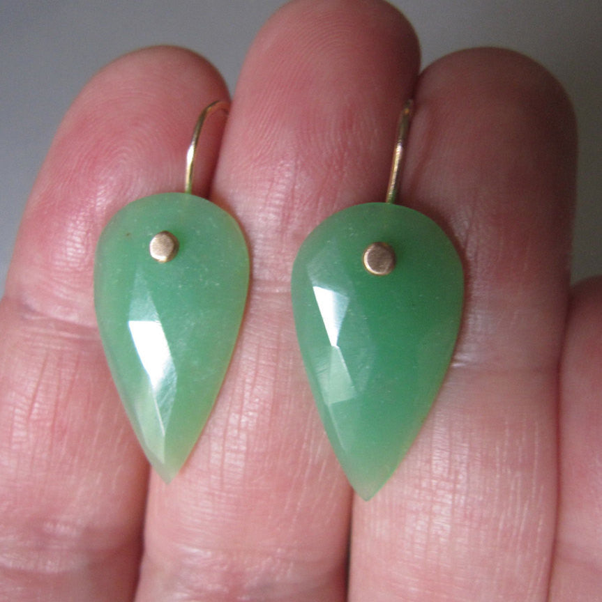 Inverted Rose Cut Chrysoprase Drops Solid 14k Gold Earrings