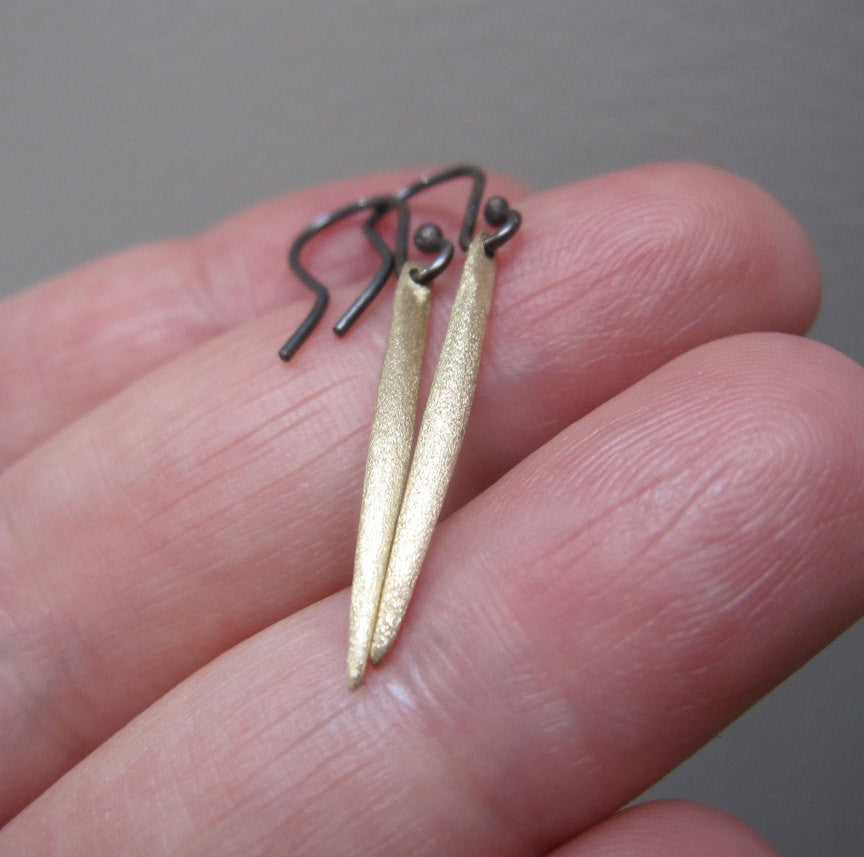 Solid Sanded 14k Gold Spike Earrings Antiqued Sterling Earwires
