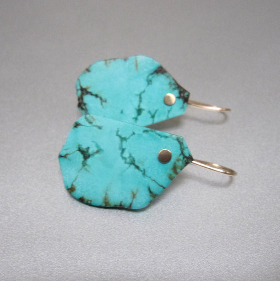 Raw blue turquoise slice drops solid 14k gold earrings