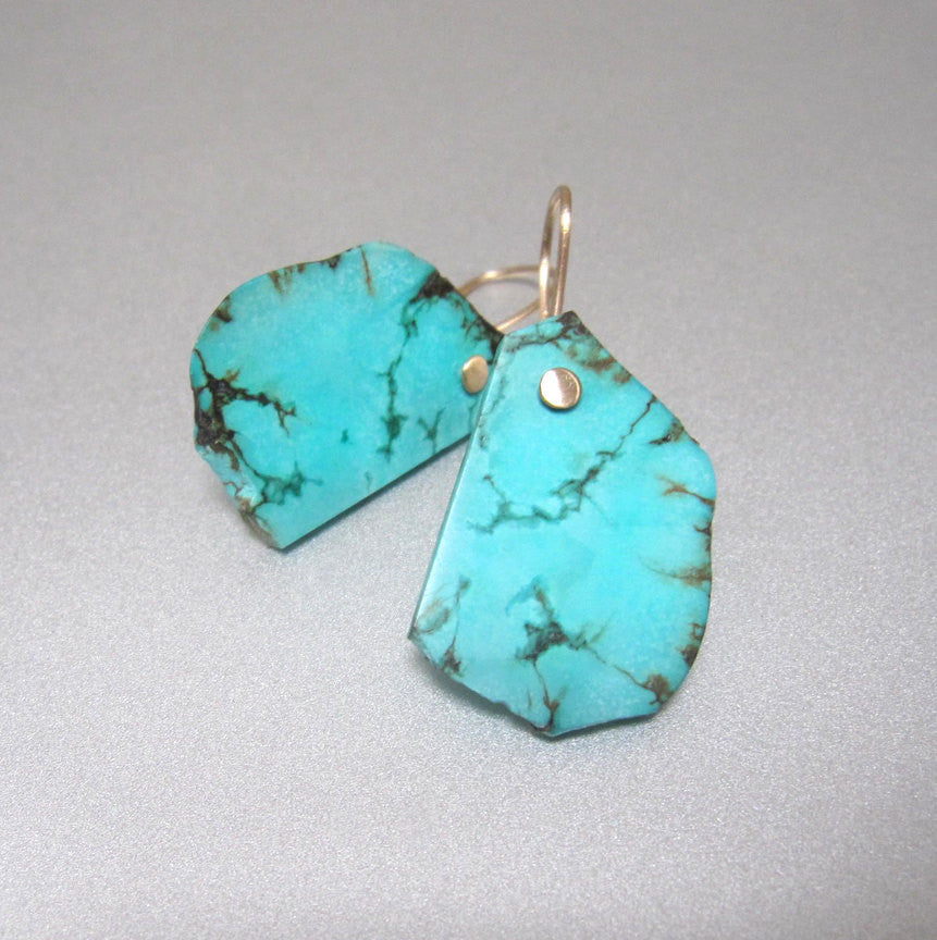 Raw blue turquoise slice drops solid 14k gold earrings4