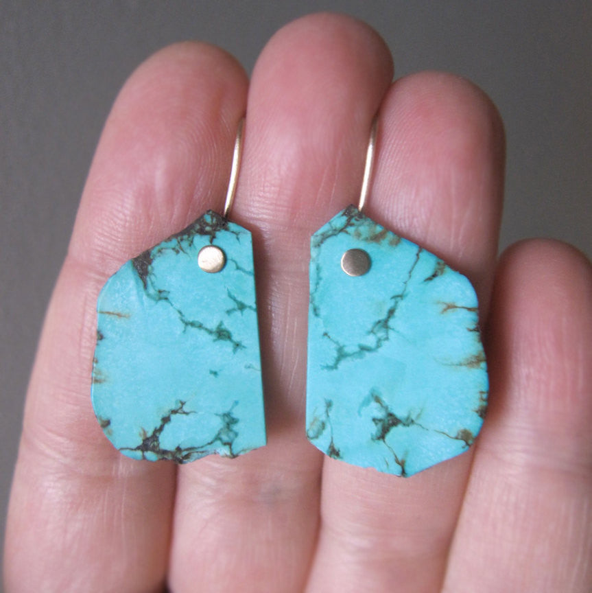 Raw blue turquoise slice drops solid 14k gold earrings5