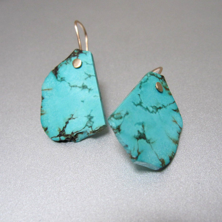 Raw blue turquoise slice drops solid 14k gold earrings2