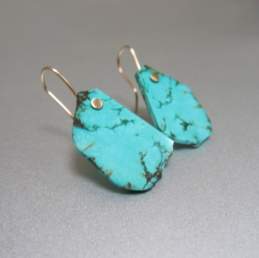 Raw blue turquoise slice drops solid 14k gold earrings3