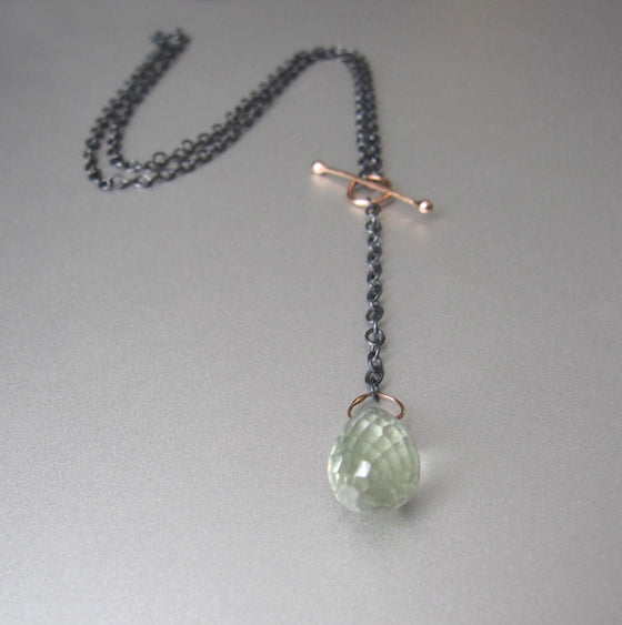 Green Quartz Drop Solid 14k Rose Gold and Sterling Silver Toggle Necklace