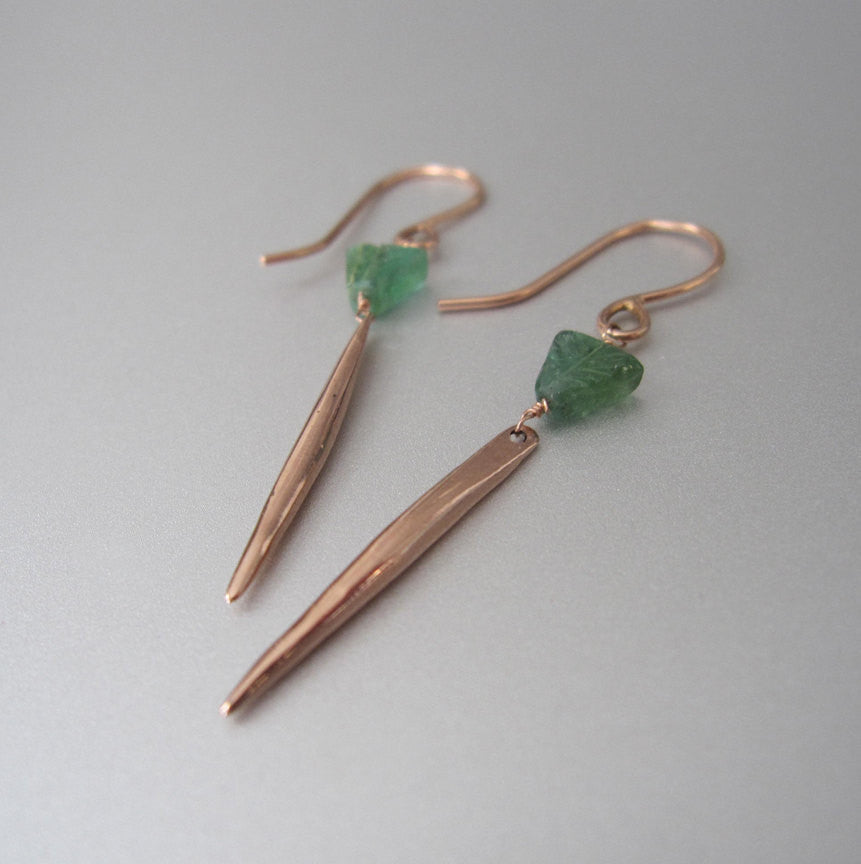 Green Tourmaline and 14k Rose Gold Spike Solid Gold Earrings