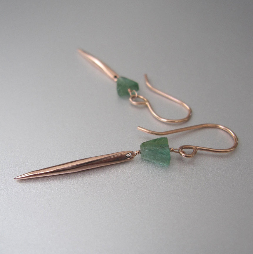 Green Tourmaline and 14k Rose Gold Spike Solid Gold Earrings