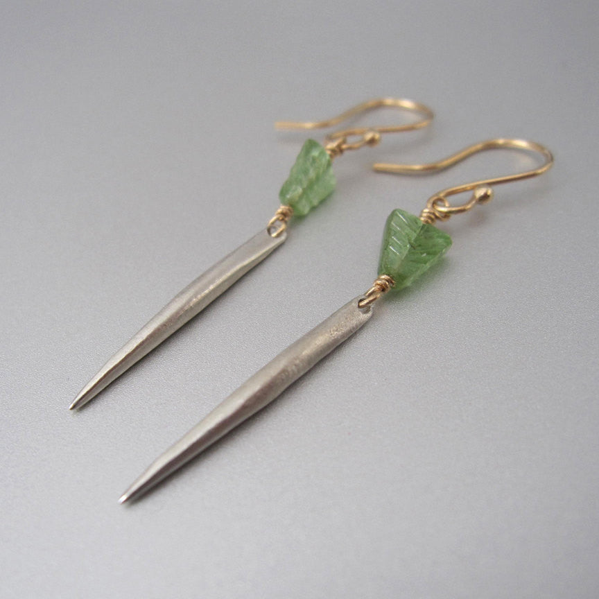 Green Tourmaline and Solid Gold and Silver Spike Mixed Metal Earrings