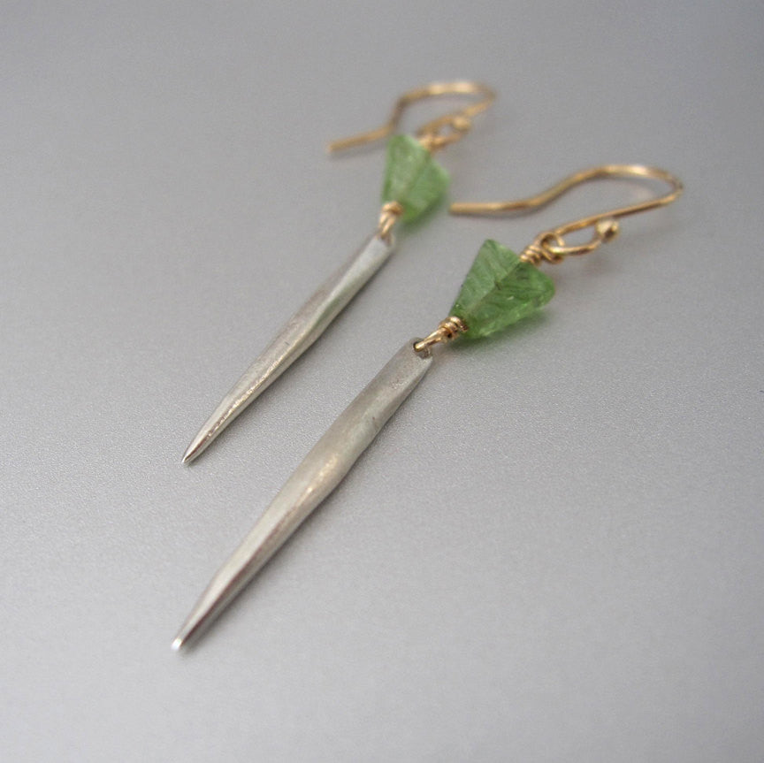 Green Tourmaline and Solid Gold and Silver Spike Mixed Metal Earrings